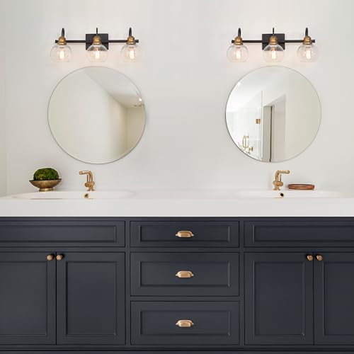 Image of KSANA Farmhouse Bathroom Light Fixture, Modern Black Gold 3-Light Vanity Light with Opening Clear Glass Shade, Modern Antique Brass Wall Lamp Over Mirror