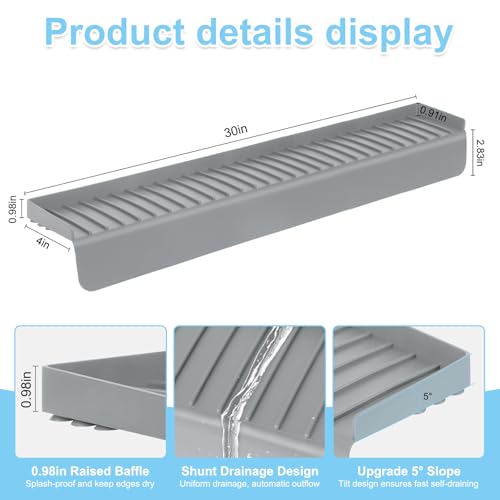 Image of Silicone Faucet Splash Guard 4 inch x 30 inch, Faucet Water Catcher Mat, Longer Silicone Sink Mat for Kitchen, Bathroom, Laundry Room, Farmhouse for Quartz Kitchen Sink(Gray)