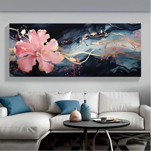 Affiche fleur marbre bleu et or 40x120 cm sur toile sans cadre