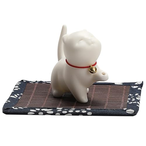 Soporte para Cono de Incienso, Soporte para Incienso de Gato con Estera de bambú, Palo de cerámica para Gato, Adorno de Escritorio, Cono Lindo para decoración del hogar, sin Palo