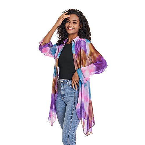 Dikalady Floral Print Shirts Women Long Sleeve Chiffon Soft Blouses & Button-Down Shirts Loose Casual Tunic Tops Breathable Summer Cool Blouses Wrinkle Free (1X) Purple Multi #TOP1