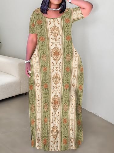 Image of PinkPatty Plus Size Maxi Dress for Curvy Women Crew Neck Long Sleeves Casual Dress Vacation Sundresses with Pockets
