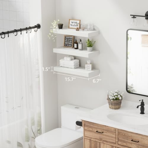 Image of QEEIG Floating Shelves for Wall Bathroom Shelf Bedroom Kitchen Living Room Hanging Book Shelves Small Farmhouse Decor 16 inch Set of 3, White (015-W3)