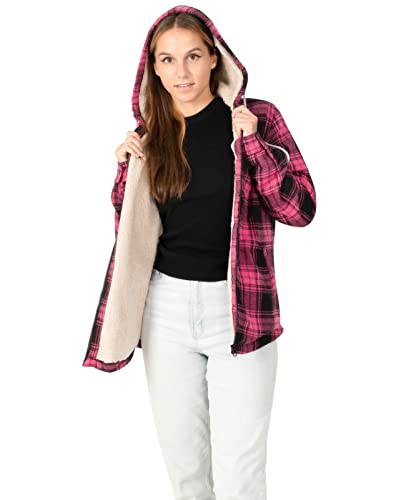 ZENTHACE Womens Sherpa Lined Flannel Jacket Winter Full Zip Up Hooded Plaid Shacket with Side Pockets