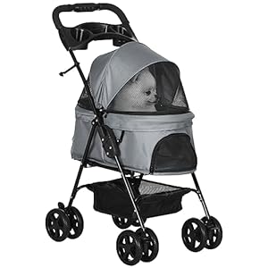 PawHut Pet Stroller, Foldable Cat Dog Pushchair, Pet Travel Carriage with 4 Wheels, Adjustable Canopy, Safety Leashes, Storage Basket and Cup Holder for Small Dogs, Grey