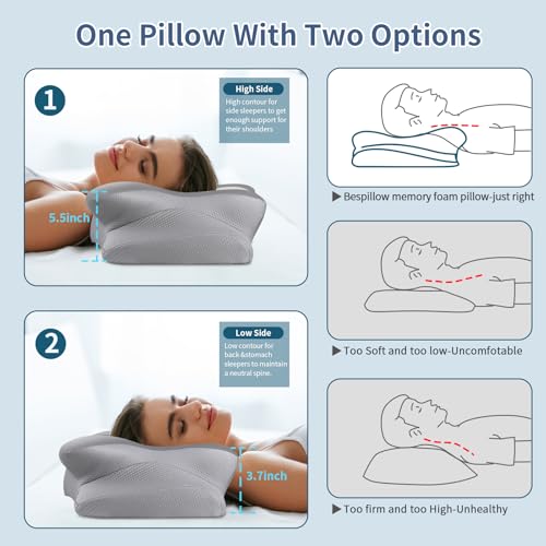 Image of Cervical Neck Pillow for Pain Relief, Contour Memory Foam Pillows for Sleeping, Ergonomic Pillow Orthopedic Cooling Pillow Bed Pillow Neck Support for Side Back Stomach Sleepers（Grey&White