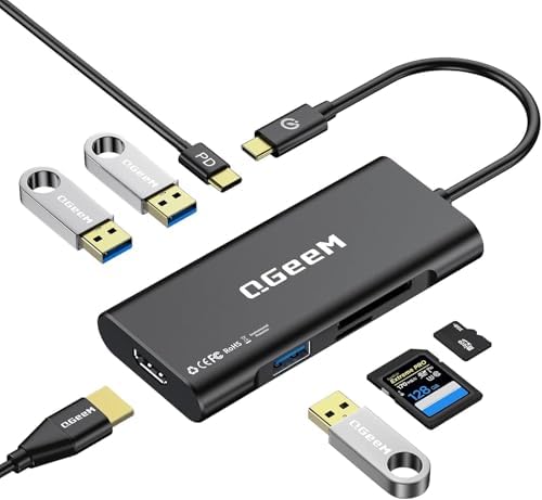 USB C Hub, QGeeM USB 4k to HDMI Adapter, 7 in 1 USB-C Dongle with 100W PD,USB 3.0, Card Reader, Compatible for MacBook iPhone 15/17 Ipad Pro max,Chromebook Laptop USB Type C Dock-Black