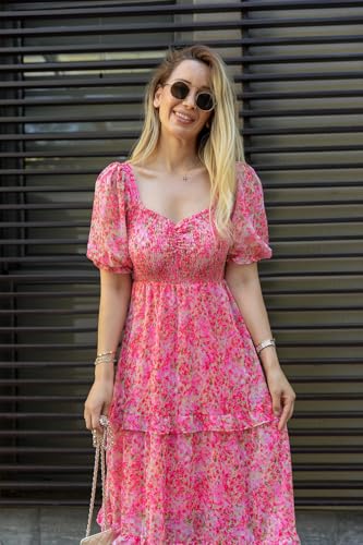 Image of Sheetal Associates Women's Floral Puff Sleeve High Waist A Line Flowy Long Dress