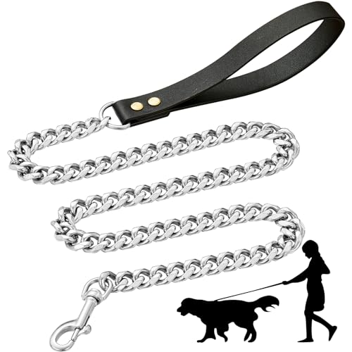 Correa de cadena de acero para perro con mango de cuero, 19 mm de ancho, correa de perro resistente, correa de metal a prueba de masticación para perros pequeños, medianos y grandes (plata, 90 cm) Correa de cadena de acero para perro con mango de cuero, 19 mm de ancho, correa de perro resistente, correa de metal a prueba de masticación para perros pequeños, medianos y grandes (plata, 90 cm)