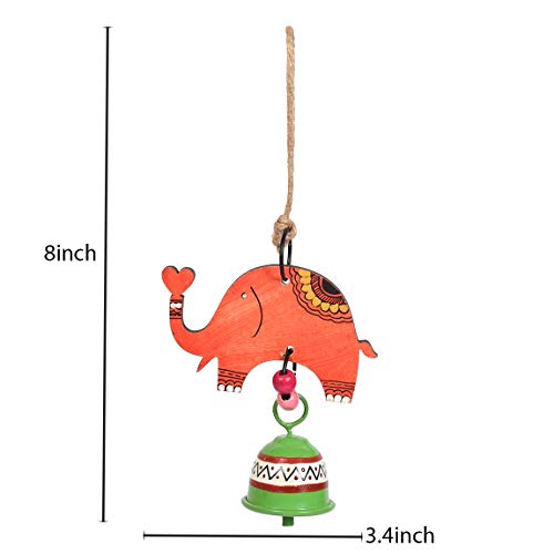 Image of Aakriti Art Creations Elephant Wind Chime with Metal Bell | Modern Art Handmade Wooden & Metal Wind Chime in Orange | Matte Decorative Wind Chimes for Balcony, Garden & Home