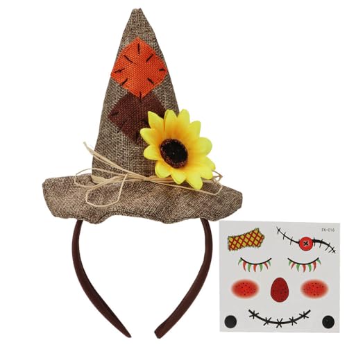 Lunaryvo Mini Scarecrow Hat Headband for Adults Sunflower Headband With Face Decals Halloween Costume Accessory 2pcs (Light Brown)