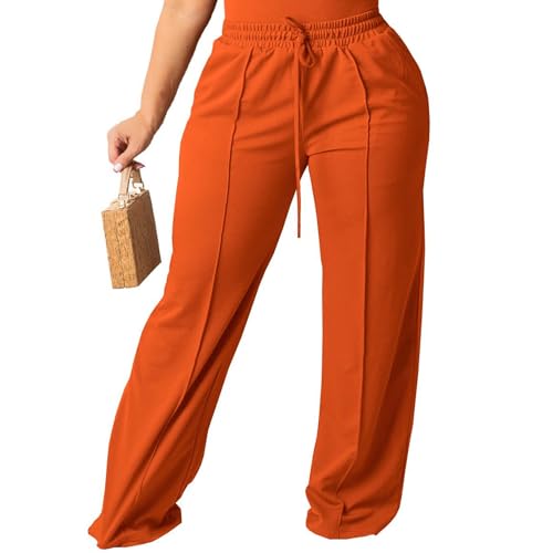 Tycorwd Women's Plus Size Casual Wide Leg Pants High Waisted Drawstring Baggy Sweatpants Elastic Straight Leg Lounge Pants with Pockets Orange 2XL
