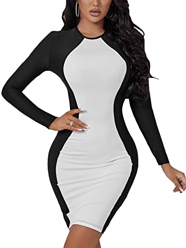 Verdusa Women's Elegant Colorblock Long Sleeve Round Neck Bodycon Pencil Dress Black White S #TOP25