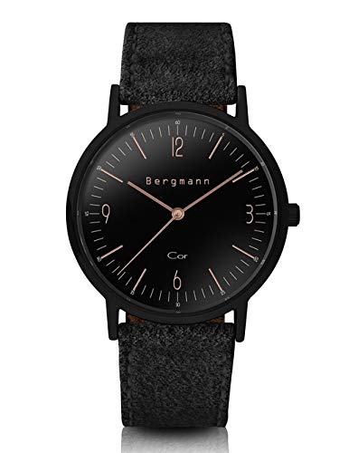 Bergmann COR Women's Men's Watch Black Analogue Quartz Black Dial Black Suede Strap