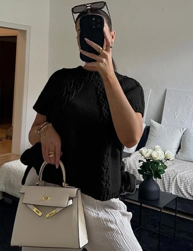 Knitted Tops Short Sleeve Sweater for Women Lace Up Crew Neck Crochet Tops Hollow Out Pullover Shirts(Black-S)3