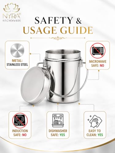 Image of Nyra Stainless Steel Milk Pot /Milk can /Milk Barni /Oil can (with lid and Handle) deep Dabba /Storage Container, Flat Bottom dolu for ghee, Oil, Curd, Grains, pulses /dolchi for Milk -Capacity 1.8Litre
