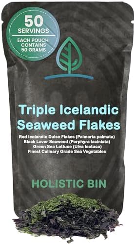 Holistic Bin Triple Icelandic Seaweed Flakes | Wild Harvested in Iceland | Organic Red Atlantic Dulse, Black Nori, & Green Sea Lettuce | Dried Seaweed Flake for Miso Soup, Salads | Iodine Rich | 50g