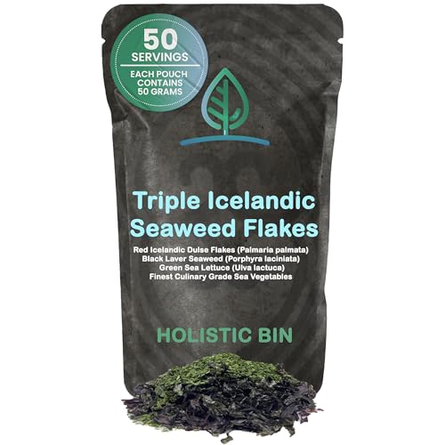 Holistic Bin Triple Icelandic Seaweed Flakes | Wild Harvested in Iceland | Organic Red Atlantic Dulse, Black Nori, & Green Sea Lettuce | Dried Seaweed Flake for Miso Soup, Salads | Iodine Rich | 50g