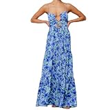 Summer Floral Sundress for Women Spaghetti Straps Hollow Out Tie Front Maxi Dress Flowy Smocked Bohemia Dress (Blue, S)