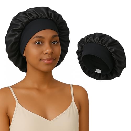 Adjustable Double-Layer Satin Hair Bonnet for Women & Men, Silk Sleep Cap for Hair Care Shower Cap (1pc, Black)