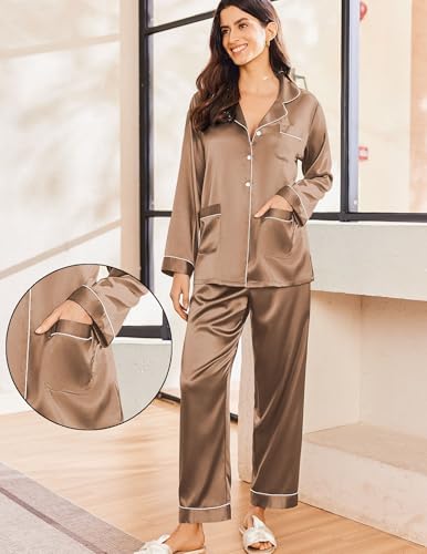 Image of Ekouaer Pajamas for Women Silk Satin Button Down Long Sleeve Pajama Sets