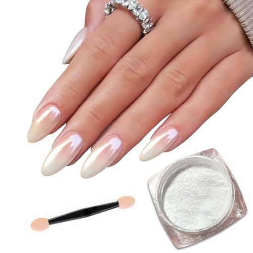 White Pearl Chrome Nail Powder - Glossy Iridescent & Mirror Effect - DIY Nail Art Accessory with Clear Ice Gloss and Metallic Pigments