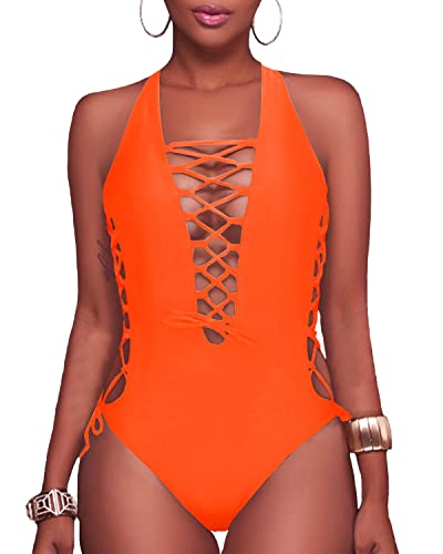 Holipick Women Neon Orange Sexy One Piece Swimsuit One Shoulder Bathing Suit Lace Up Swimwear Monokini M - Image 2