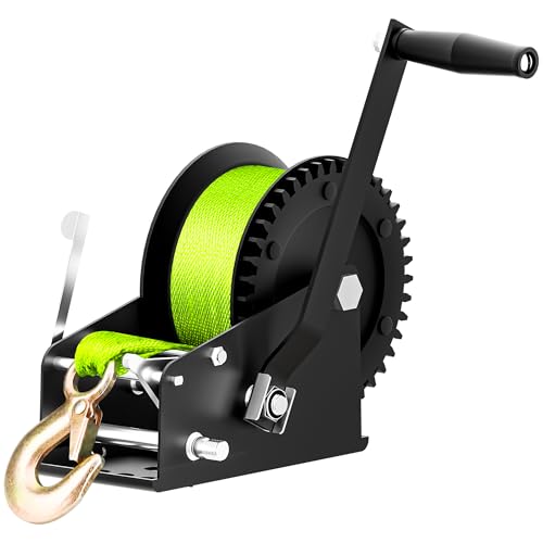3500lbs Boat Trailer Winch with 33 Foot Polyester Belt, 2-Way Ratchet 4:1/8:1 Gears, Portable Winch for Boats, Trucks, Trailers, Rv, ATV, Jet Skiing, Manual Crank Winch Come with 2 Gloves