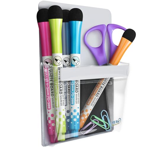 YES4QUALITY Magnetic Pen Holder for Refrigerator with Strong Magnetic Back, Dry Erase Marker Holder Ideal for Whiteboard & Fridge, Clear & White Pencil Cup