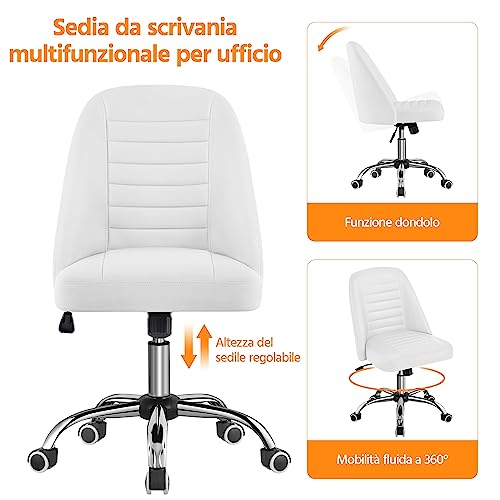 Sedia Ufficio Scrivania Cameretta Bianca Senza Braccioli Ergonomica Reclinabile Imbottita in Finta Pelle con Rotelle Girevole Altezza Regolabile Portata 136 kg - Sedia gaming - Immagine 6