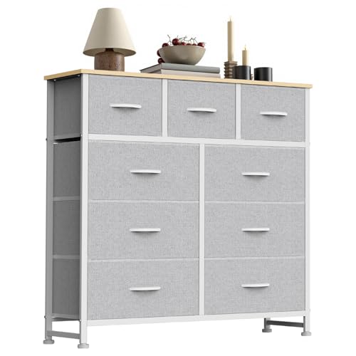 Sweetcrispy 9 Drawer Fabric Dresser Storage Tower with Wood Top and Steel Frame Organizer Chest with Easy Pull Handles for Bedroom Closet Hallway Light Gray