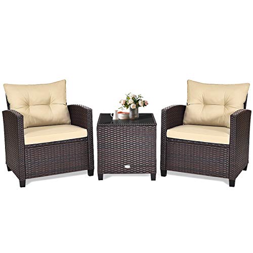 GOPLUS 3tlg. Balkonmöbel Set, Polyrattan Gartenmöbel Set, Terrassenmöbel Set mit 1 Tisch & 2 Stühlen, Lounge Set mit Kissen, Gartengarnitur Sitzgarnitur 3er Set Sitzgruppe für Garten & Balkon (Beige)