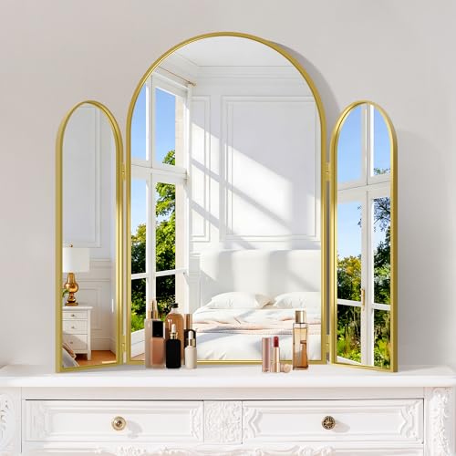 CRISMIR Trifold Vanity Mirror, 30x36Inch Arch Bathroom Vanity Mirrors with
