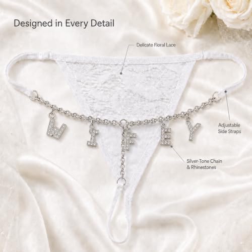 Image of WIFEY Rhinestone Lace Thong for Bride, Bridal Shower & Bachelorette Party Gift, Wedding Day Lingerie, Honeymoon Underwear, Adjustable One Size Fits Most