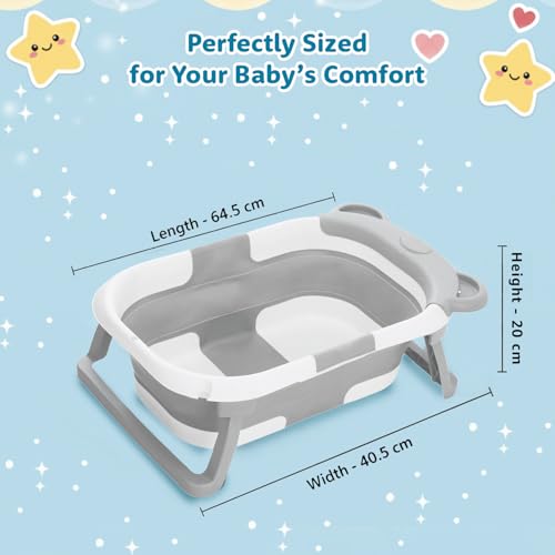 Image of Amazon Brand - Supples Baby Bath Tub for 0-3 Years | Double Foldable Bathtub for Baby & Kids with Soap Tray, Space Saving Design (White & Grey)