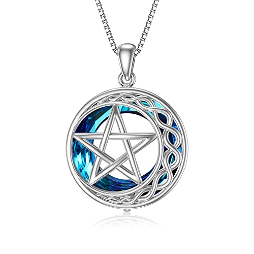 TOUPOP Pentagram Necklace Sterling Silver Pentacle Necklace with Blue Crystal Wiccan Jewelry Celtic Moon Star Necklace Gifts for Women Birthday Christmas