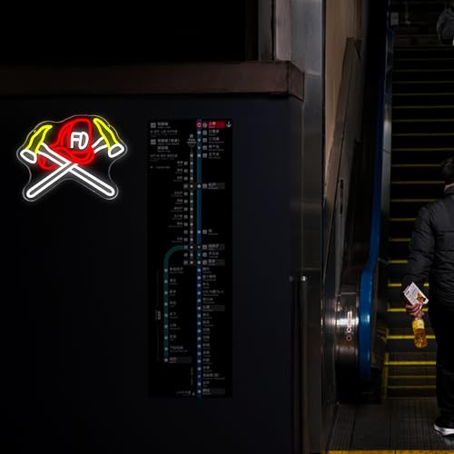 Image of Mutank Firefighter Helmet Neon Sign, USB Powered Fire Department Symbol Sign Dimmable LED Light, for Fire Department Axe Wall Art Emergency Services First Responder Wall Decor(12.9 * 10.2 In)