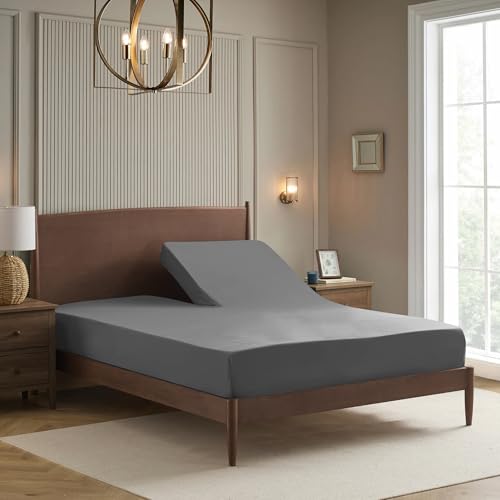 Image of Split Head King Sheets Set for Adjustable Beds 4 Piece Flex Top Bed Sheets - Deep Pocket Split Top Fitted Sheet with Built-in Corner Straps, Luxury Soft Cooling Bedding, Wrinkle Resistant, Gray