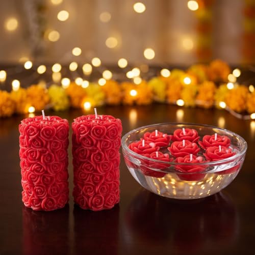 Image of Rose Pillar and Floating Candle Combo, Pack of 10, Red