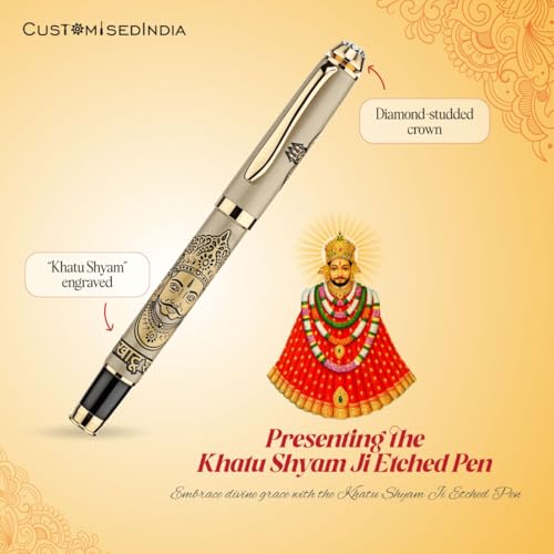 Image of Shree Khatu Shyam ji Pen | Baba Shyam ji Etched Pen | Brass Metal Pen of Khatoo Shyaam Baba | Premium Roller Metal Engraving Pen with Diamond Lid