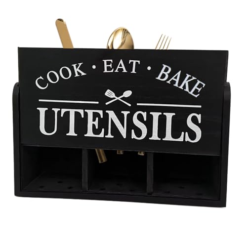 Organizador de cubiertos de madera, caja de almacenamiento de herramientas de cocina, caja de almacenamiento de vajilla con 3 compartimentos agujeros de drenaje para mesas escolares