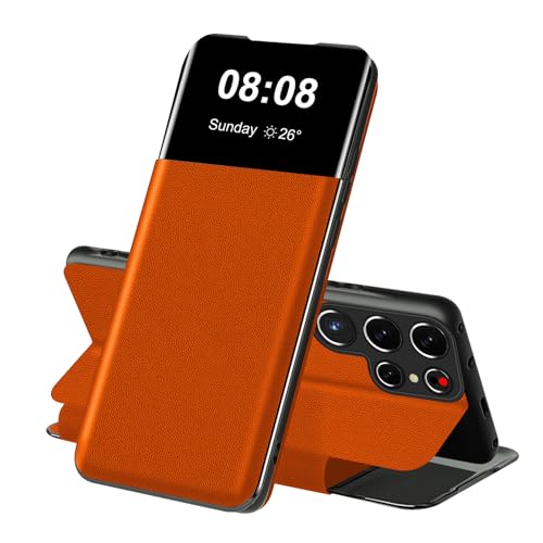 for Samsung S23 Ultra Case Clear View Wallet Case for Samsung Galaxy S23 Ultra Protective Phone Case with Card Slots Kickstand Flip Silicone TPU Anti-Shock Slim Soft 360 Full Body Cover 5G (Orange)