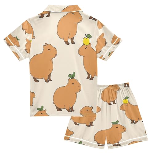 Satin Pajama Sets Short Sleeve Cute Capybaras Apples Button Down Silky Nightwear 2 Piece PJS 5-14Y2