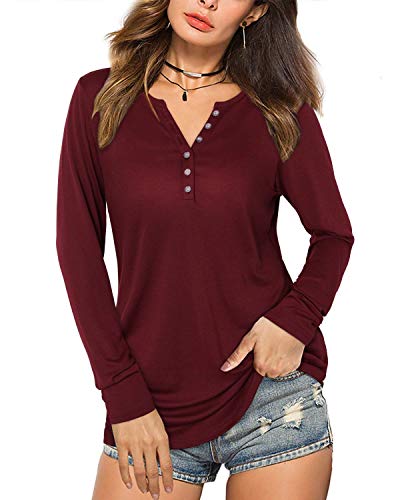 KILIG Women's Long Sleeve Henley Shirts V Neck Button T Shirt Basic Casual Plain Tops (A10-Wine, Large)