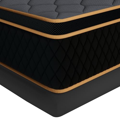 Pixafog 12 inch Queen Size Mattress in a Box Gel Hybrid Memory Foam Individually Wrapped Pocket Springs for Motion Isolation Pressure Relief CertiPUR-US Medium Firm-Black