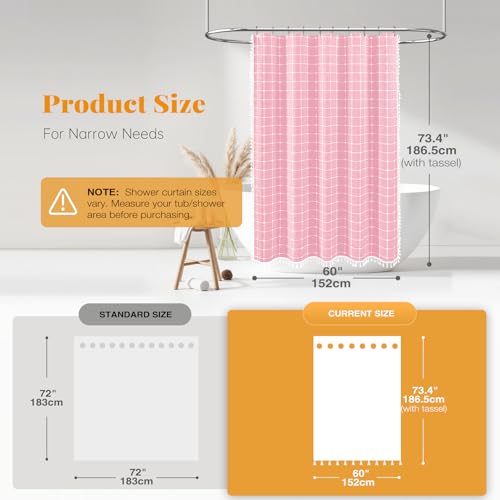 Image of BTTN Stall Shower Curtain - 60 x 72 Inch Narrow Boho Chic Farmhouse Linen Vintage Fabric Shower Curtain Set with 10 Hooks, Bohemian Country Decorative Heavy Duty Shower Curtains for Bathroom - Pink