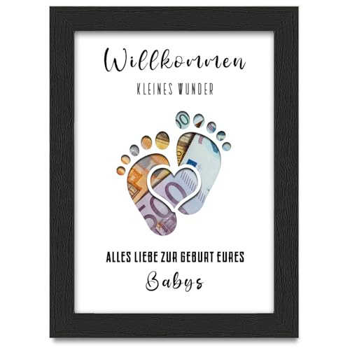 Geldgeschenk Baby, Originelle Bilderrahmen Geldgeschenk, Geschenke zur Geburt Mädchen Jungen, Glückwunschkarte zur Geburt, Gutschein Geburt Baby, Geschenk Taufe, Schwarz