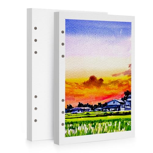 LIGHTWISH 水彩紙バルク、コットン100%コールドプレス600gsm、2パック、合計24枚 A5穴パンチ交換可能なペーパー、アーティスト、大人、学生用、5.8×8.2インチ