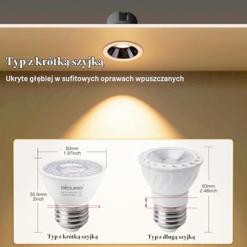 DiCUNO Żarówka LED E27 PAR16, 6W zastępuje reflektor halogenowy 50W, ciepła biel 2700K, 500lm, nieściemnialna, CRI 90, żarówka LED MR16, kąt wiązki 60°, 6 sztuk