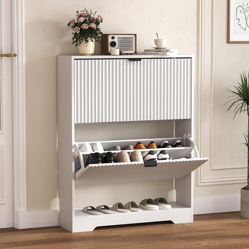 Image of HUANLEGO Shoe Cabinet Storage for Entryway with 2 Flip Drawers, White Fluted Shoe Cabinet with Open Storage, Wooden Hidden Shoe Rack Freestanding Narrow Slim Shoes Organizer for Hallway, Entrance